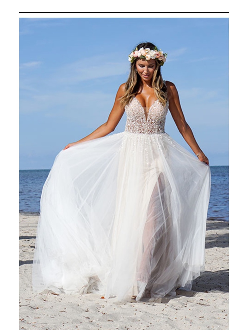 Stella York Ivory Beaded Tulle A-Line Wedding Dress with Plunging V